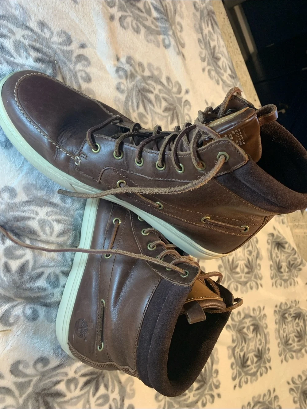 Timberland Men's Dark Brown Leather Moc Toe Boots with White Sole